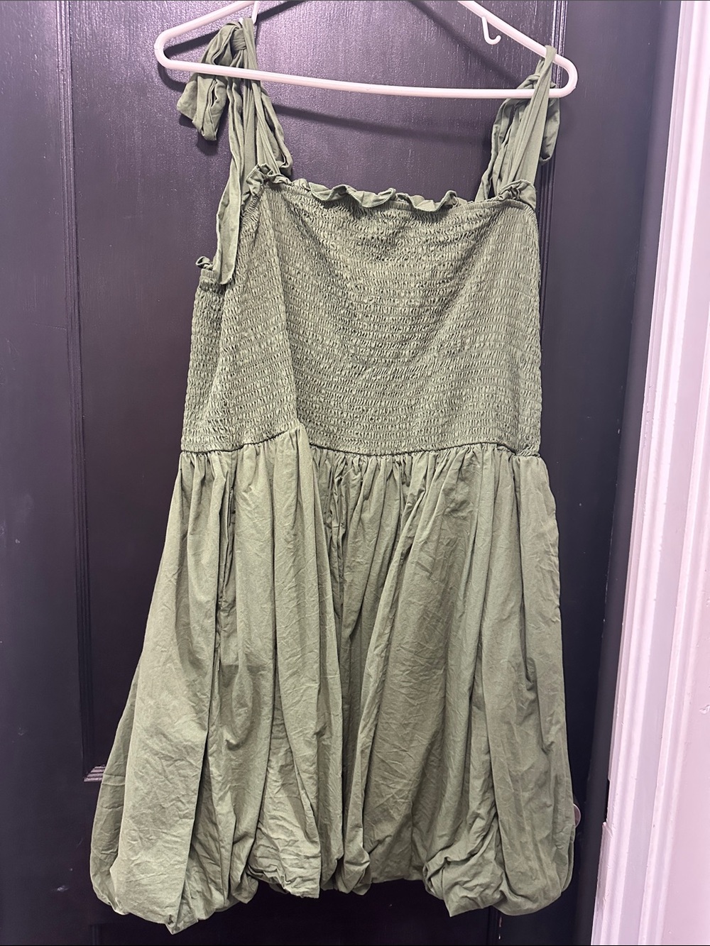 Smocked Olive Green Bubble Sundress with Tie Straps